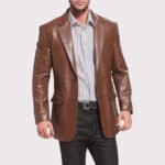 Branded Brown Lambskin Leather Blazer for Men - Image 2