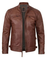 Brown Cafe Racer Quilted Leather Jacket - Image 4