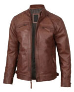 Brown Cafe Racer Quilted Leather Jacket - Image 2