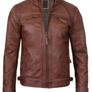 Brown Cafe Racer Quilted Leather Jacket