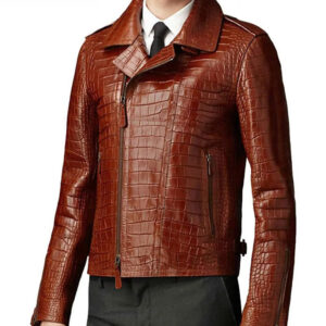 Men's Brown Croc Alligator Leather Biker Jacket