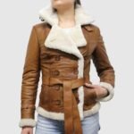 Brown Pilot Aviator Shearling Leather Jacket for Women - Image 2