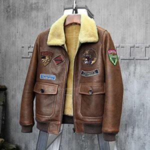 Classic Brown Shearling Aviator Jacket - Men's Short Leather Coat