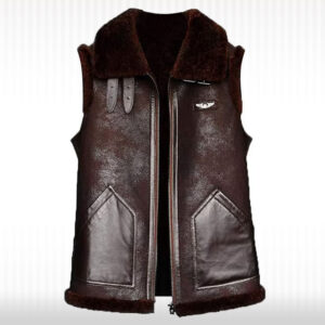 Brown Sheepskin Shearling Leather Vest - Men's Bomber Style Vest