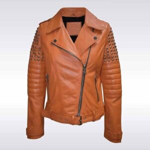 Brown Studded Leather Motorcycle Jacket for Women