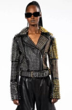 Punk Women's Long Spiked Leather Jacket - Image 2