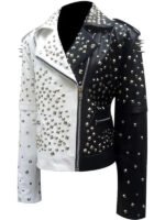 Women's Black and Silver Spiked Studded Biker Leather Jacket - Image 2