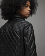 Women's Black Quilted Leather Bomber Jacket - Image 5