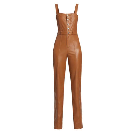 Camel Brown Buttoned Front Women Vegan Leather Jumpsuit - Classic and Sustainable