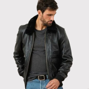 Classic Black Cowhide Leather Bomber Jacket