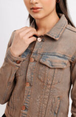 Women’s Distressed Denim Trucker Jacket - Brown Casual Style - Image 5