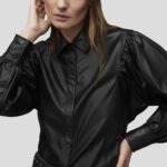 Classy Black Balloon Sleeve Leather Shirt for Women - Image 3