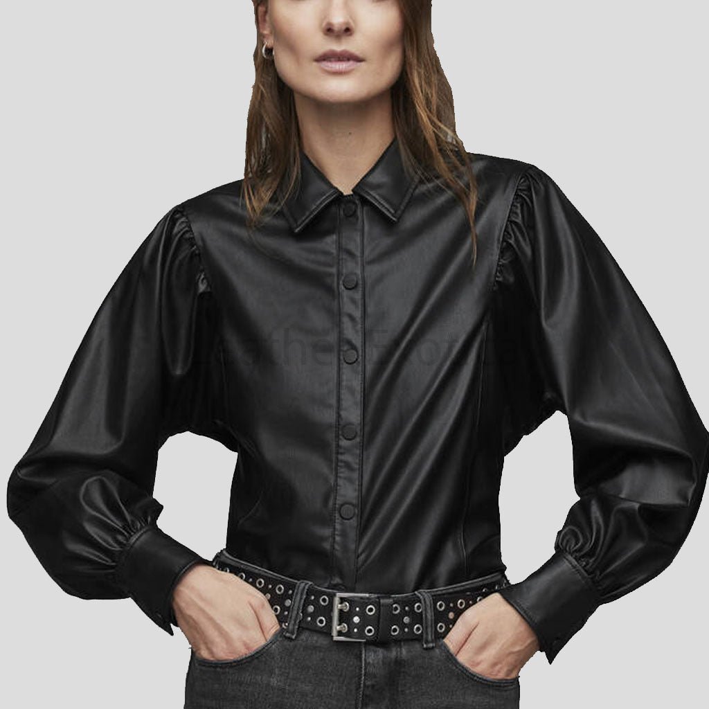 classy-black-balloon-sleeve-leather-shirt-women Classy Black Balloon Sleeve Leather Shirt for Women - Image 1