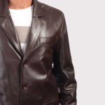 Dark Brown Leather Blazer in Coat Style for Men - Image 2