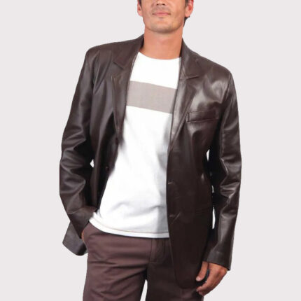 Dark Brown Leather Blazer in Coat Style for Men
