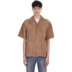 Cream Brown Half Sleeves Suede Leather Shirt Men's