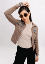Women’s Distressed Denim Trucker Jacket - Brown Casual Style - Image 2