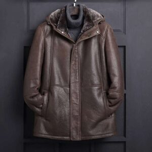 Dark Brown Hooded Shearling Coat for Men