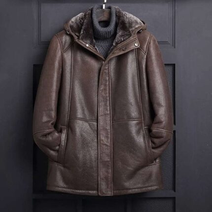 Dark Brown Hooded Shearling Coat for Men