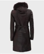 Dark Brown Women’s Fur Hooded Leather Coat - Image 3