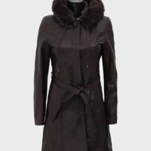 Dark Brown Women?s Fur Hooded Leather Coat
