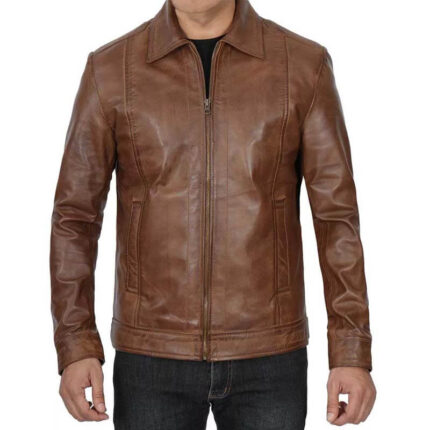 Men's Genuine Distressed Brown Cafe Racer Leather Jacket