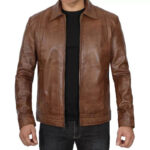 Men's Genuine Distressed Brown Cafe Racer Leather Jacket - Image 2