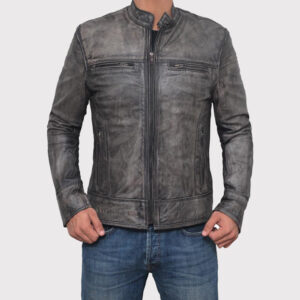Distressed Dark Grey Slim Lamb Leather Biker Jacket