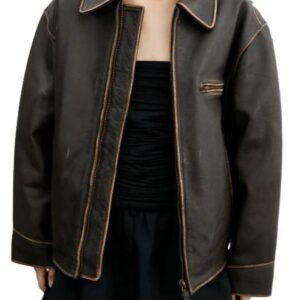 Distressed Vintage Leather Jacket for Women in Dark Brown