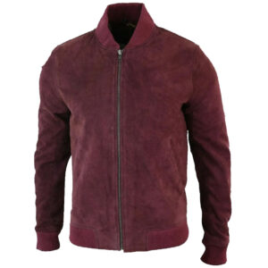 Fashion Buckskin Burgundy Goat Suede Leather Bomber Jacket