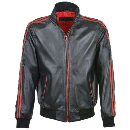Fashion Red Striped Collar Leather Bomber Jacket