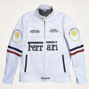 Ferrari White Racing Leather Jacket ? Real Cowhide Champion Edition