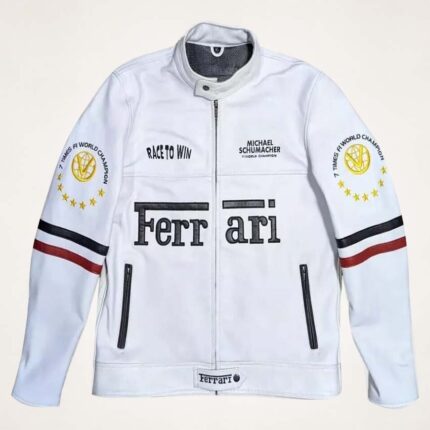Ferrari White Racing Leather Jacket – Real Cowhide Champion Edition