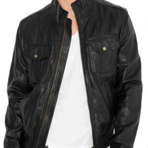 Fitted Bomber Style Black Leather Jacket for Men