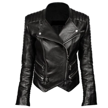 Women’s Genuine Leather Biker Jacket with Double Zipper