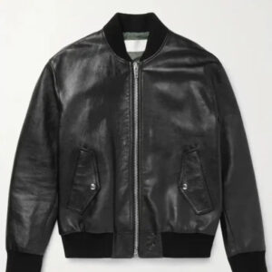 Genuine Leather Black Zip-Up Bomber Jacket