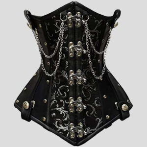 Goel Silver Brocade & Faux Leather Underbust Corset With Chain Details