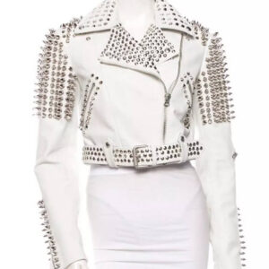 Women?s Premium White Gothic Leather Jacket with Silver Studs