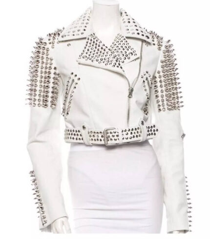 Women’s Premium White Gothic Leather Jacket with Silver Studs
