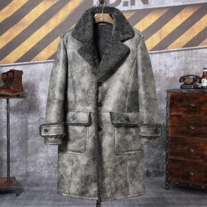 Elegant Gray B3 Shearling Jacket Long Sheepskin Coat
