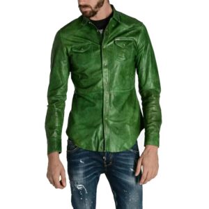 Men's Green Napa Lamb Leather Biker Shirt with Full Sleeves