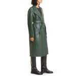 Elegant Green Women's Wrap Leather Coat - Image 3