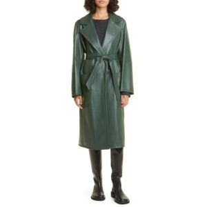 Elegant Green Women's Wrap Leather Coat