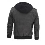 Men’s Grey Hooded Bomber Leather Jacket - Image 2