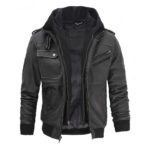 Men’s Grey Hooded Bomber Leather Jacket