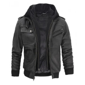 Men?s Grey Hooded Bomber Leather Jacket