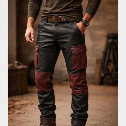 Handmade Black and Red Leather Cargo Pants with Utility Pockets for Bikers