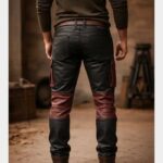 Handmade Black and Red Leather Cargo Pants with Utility Pockets for Bikers - Image 2