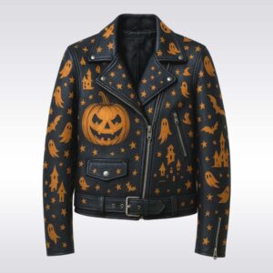 Haunted Rebel Halloween Leather Biker Jacket - Ghost & Pumpkin Print