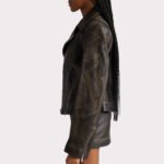Distressed Black Leather Jacket with Zipper Detail for Women - Image 3